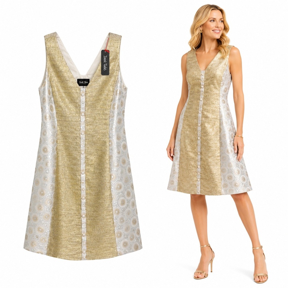 Isabel Toledo Womens 14 NWT Gold Silver Polka Dot A-Line V Neck Dress Sleeveless